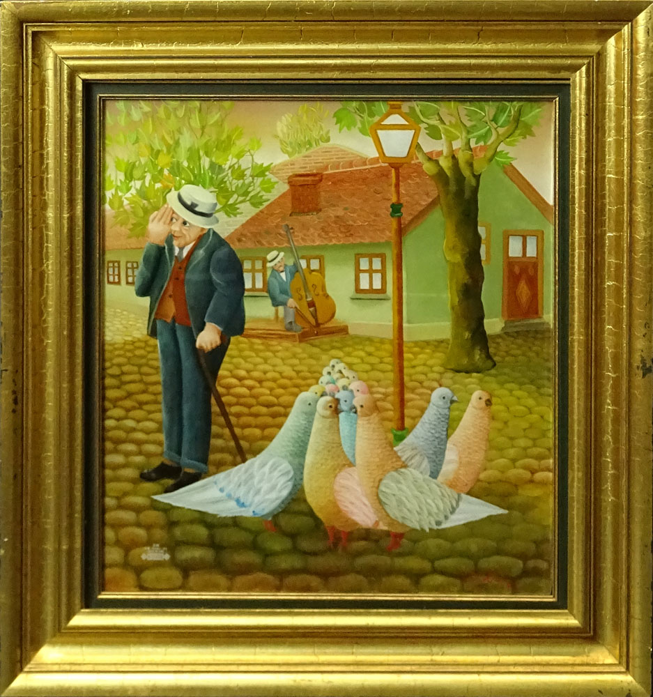 Djordje Dobric, Yugoslavian (1931-1978) Oil painting on glass "Pigeon Square" 