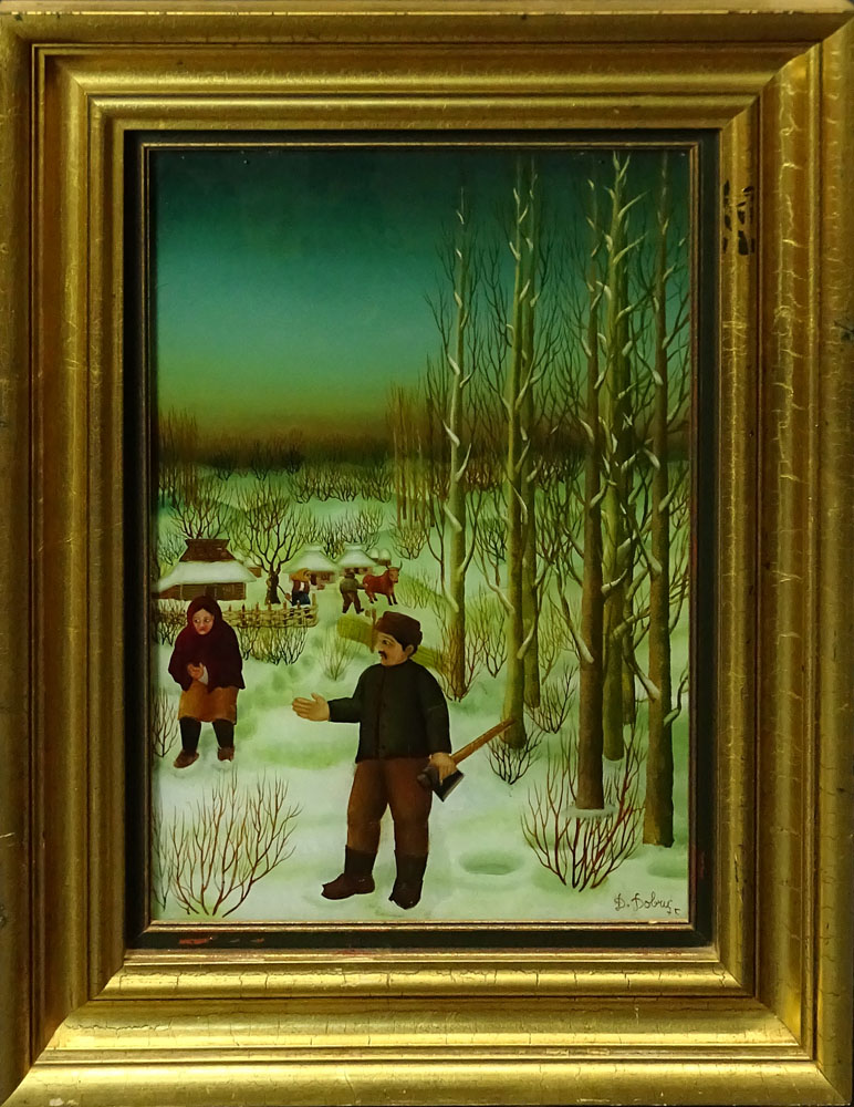 Djordje Dobric, Yugoslavian (1931-1978) Oil painting on glass "Gathering Wood" 