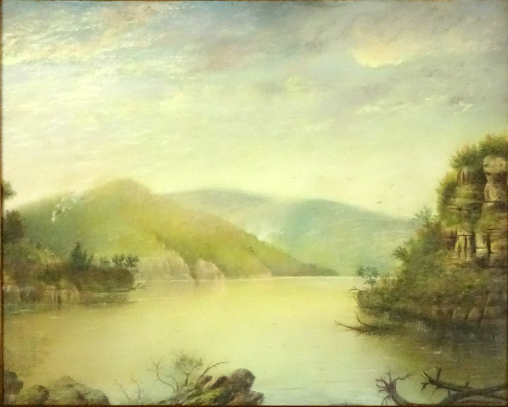 20th Century American Hudson River School Pastel. "River Scene" 
