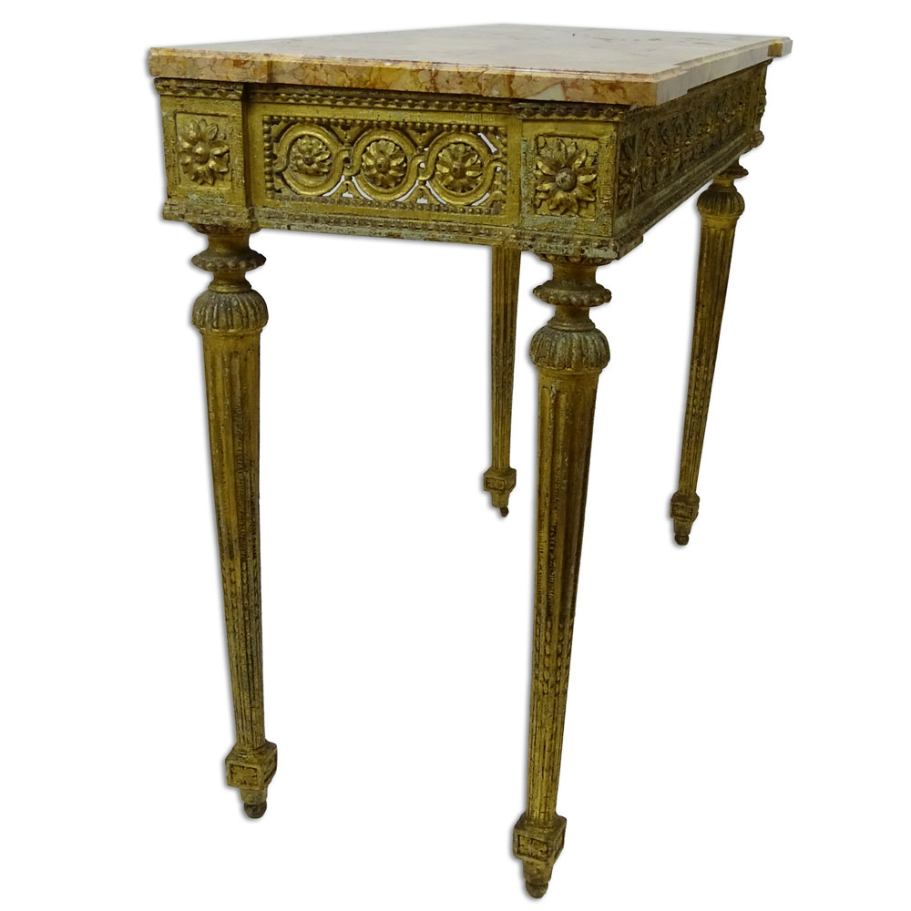 18/19th Century Continental Neo-Classical Style Carved and Giltwood Console with Marble Top.