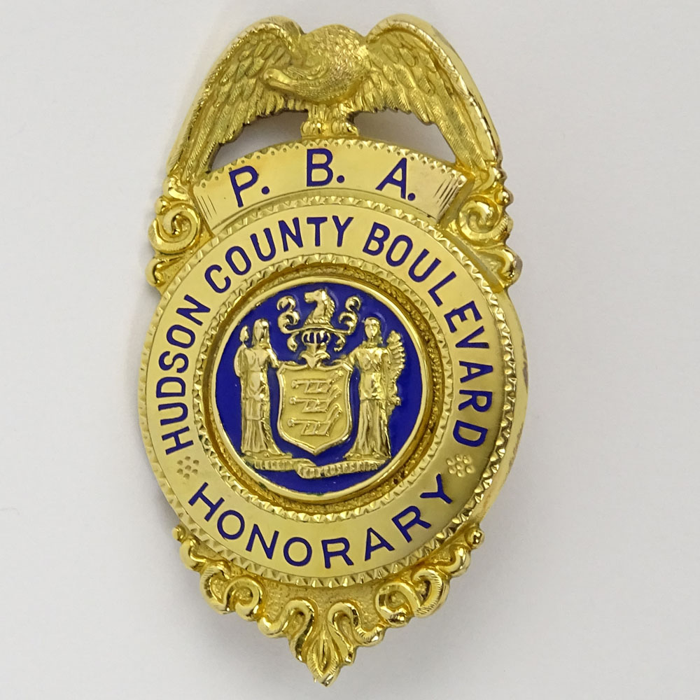 Vintage 10 Karat Yellow Gold Hudson County Boulevard Honorary Police Badge with Enamel Accents.