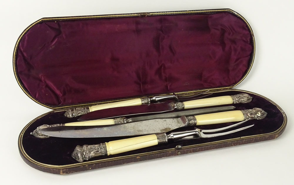 19th Century Sterling Silver Mounted Ivory Handled Five (5) Piece Carving Set in Fitted Box.