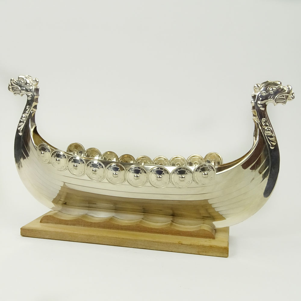 Vintage Norwegian Silver Plate Viking Ship on Wood Stand.