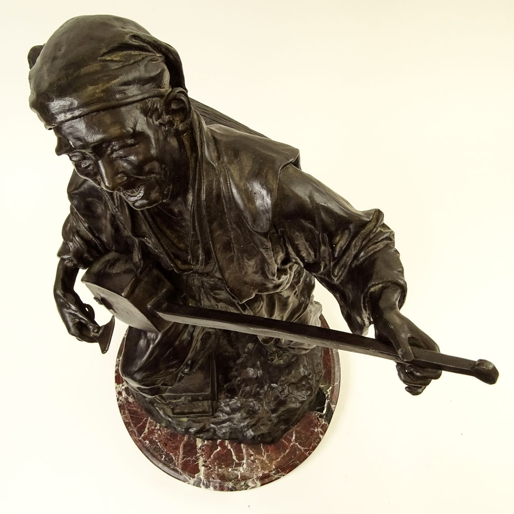 Large 19/20th Century Japanese Bronze Sculpture on Marble Base "Man With Instrument and Parasol".