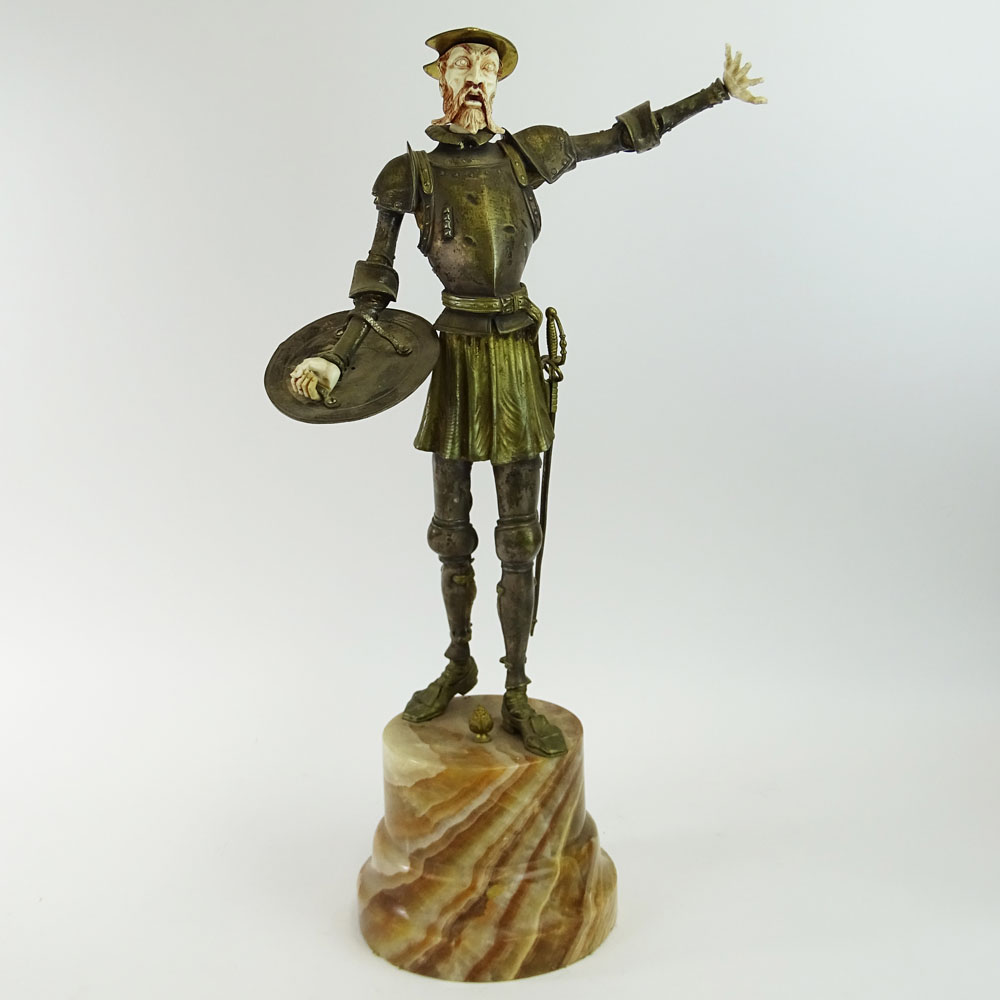 Large 20th C Bronze Sculpture "Don Quixote" on Rouge Marble Base. Carved Ivory hands and head. 