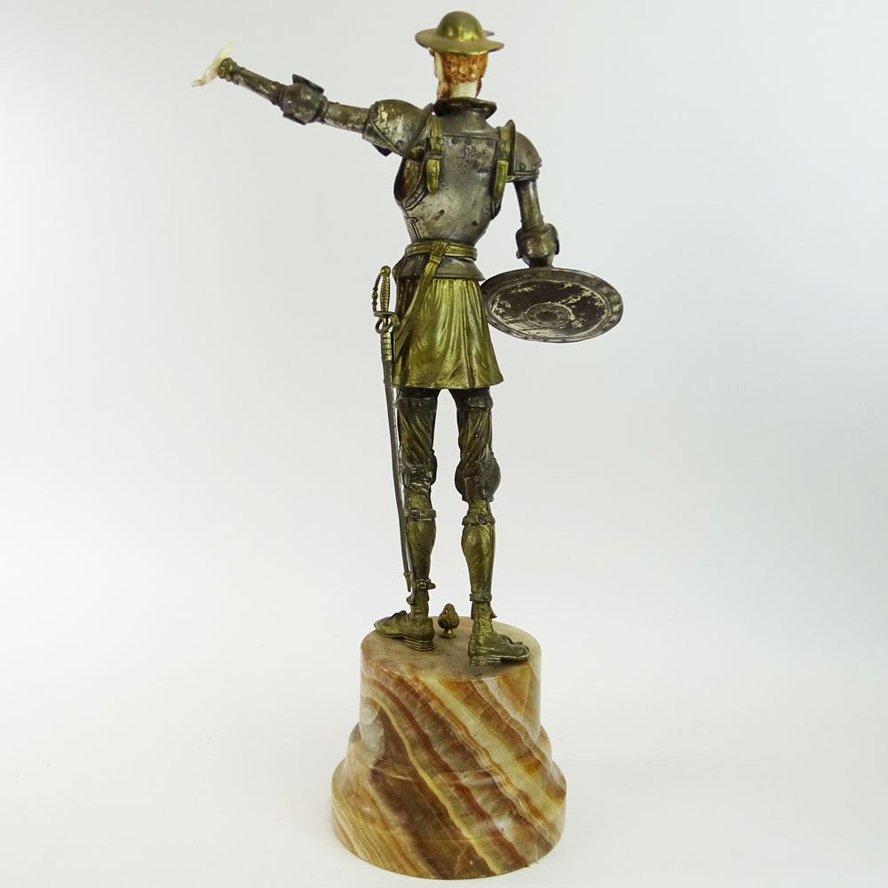 Large 20th C Bronze Sculpture "Don Quixote" on Rouge Marble Base. Carved Ivory hands and head. 