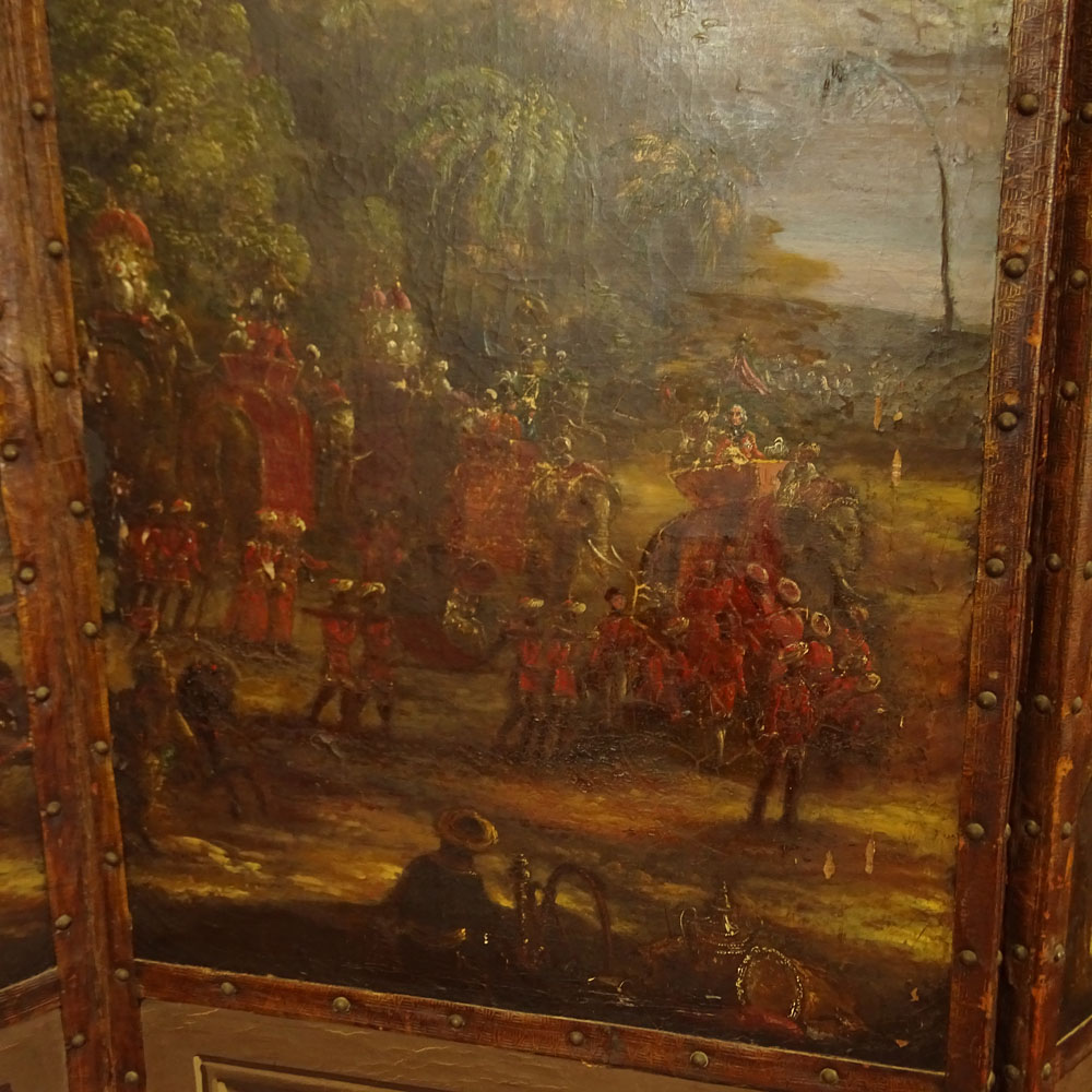 19th Century English Four (4) Panel Oil Painting on Canvas Screen Depicting Scenes from the British Raj.