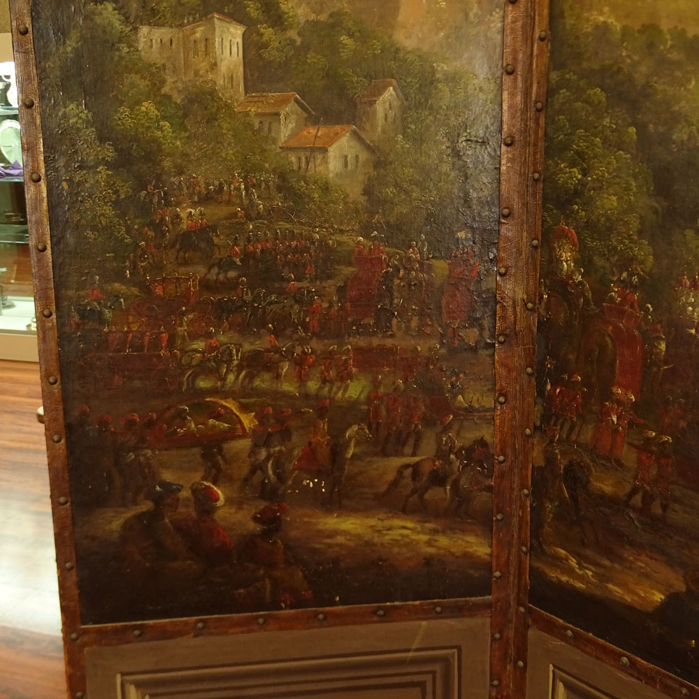 19th Century English Four (4) Panel Oil Painting on Canvas Screen Depicting Scenes from the British Raj.