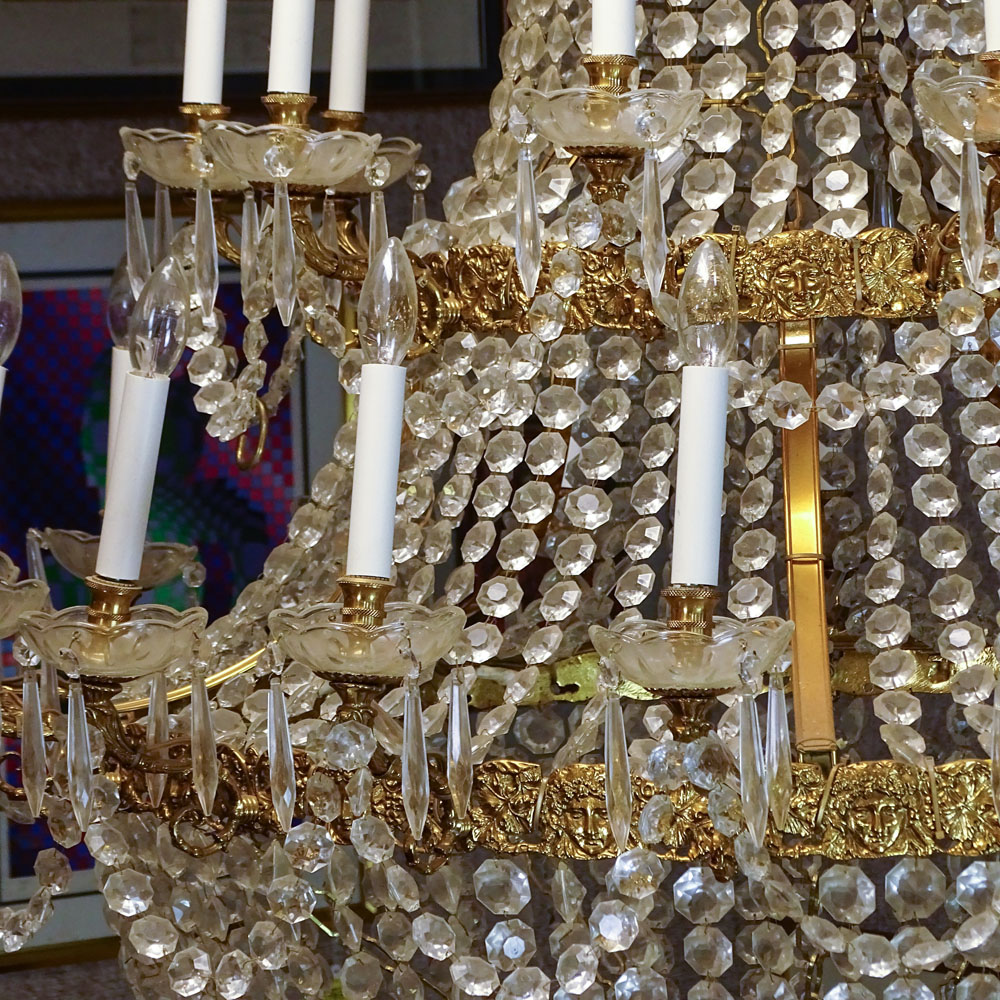 Contemporary Grand Scale Louis XVI style Bronze and Crystal Chandelier.