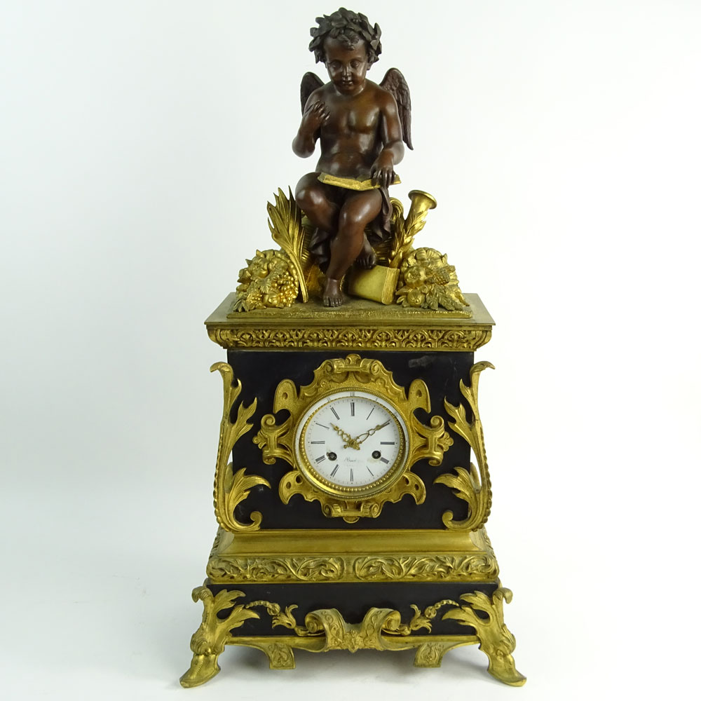 19th Century Gilt Bronze Mounted Figural Clock. Metal case.