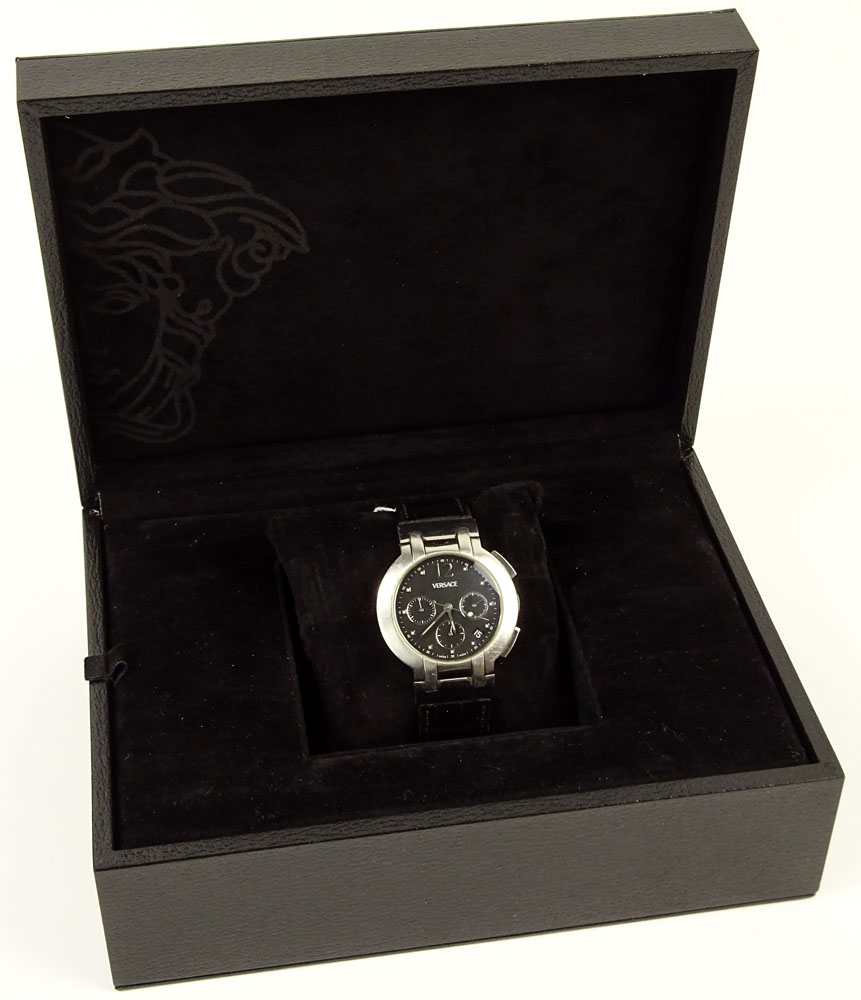 Men's Versace Stainless Steel Chronograph Automatic Movement Watch with Crocodile Strap.