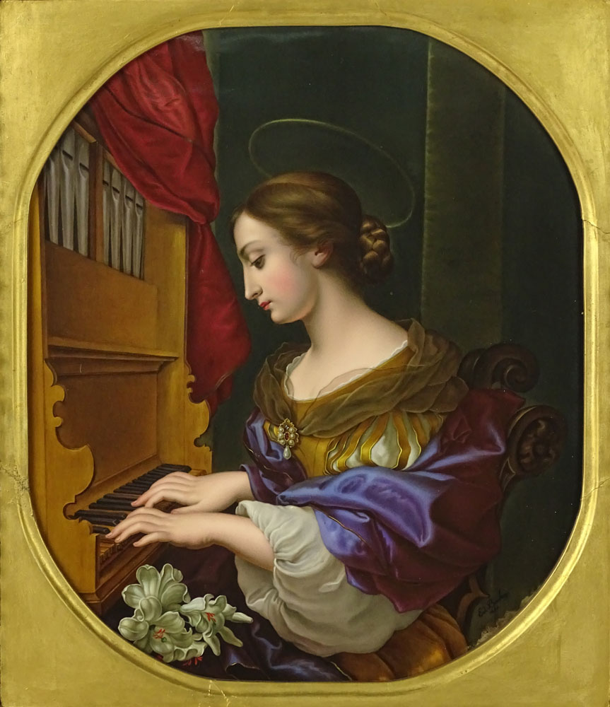 Large 19th Century KPM Hand Painted Porcelain Plaque "Angelic Beauty Playing Piano" 