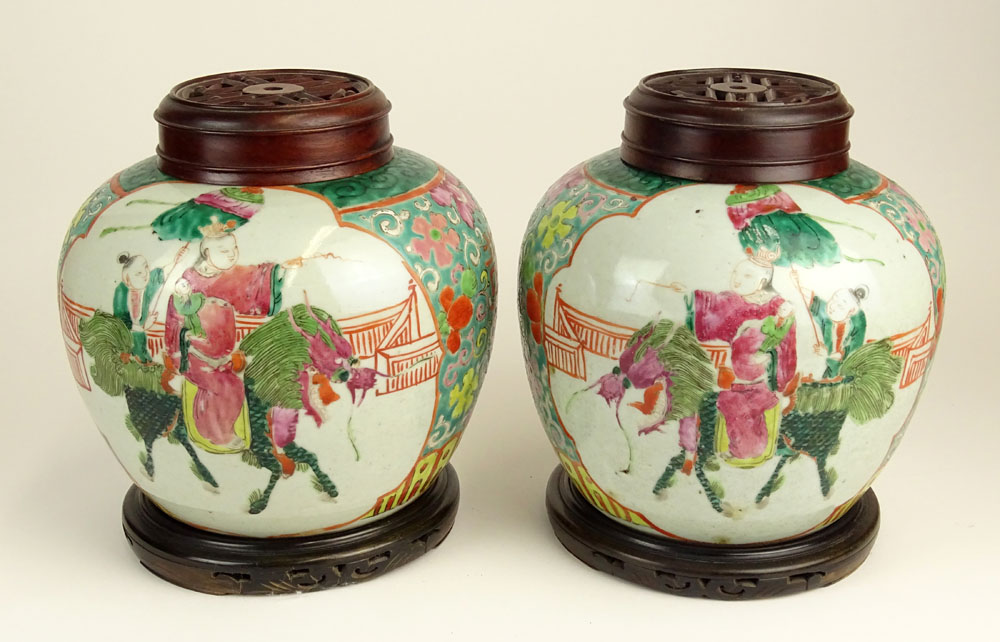 Pair Vintage Chinese Hand Painted Porcelain Ginger Jars. Hardwood Lids and Bases.