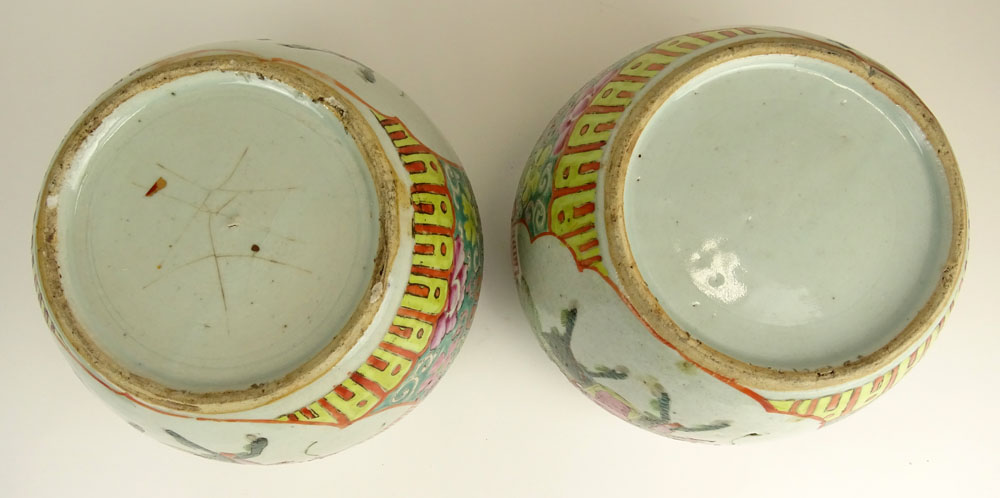 Pair Vintage Chinese Hand Painted Porcelain Ginger Jars. Hardwood Lids and Bases.