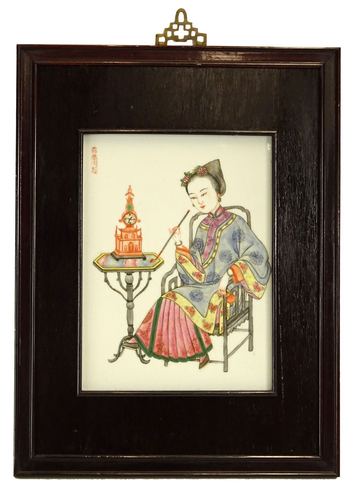 Pair of Vintage Chinese Hand Painted Porcelain Plaques of Women In Hardwood Frames.