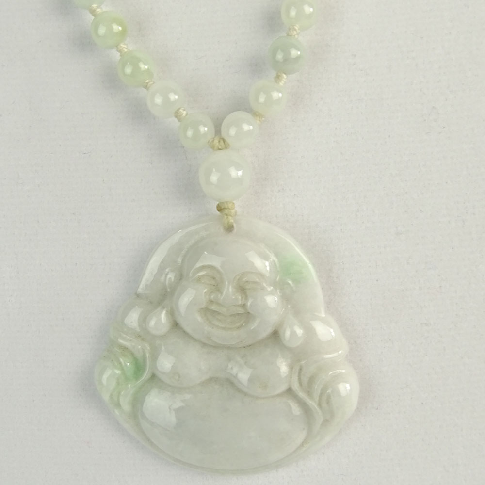AGL Certified Jadeite Jade Carved Buddha Pendant on Beaded Necklace.