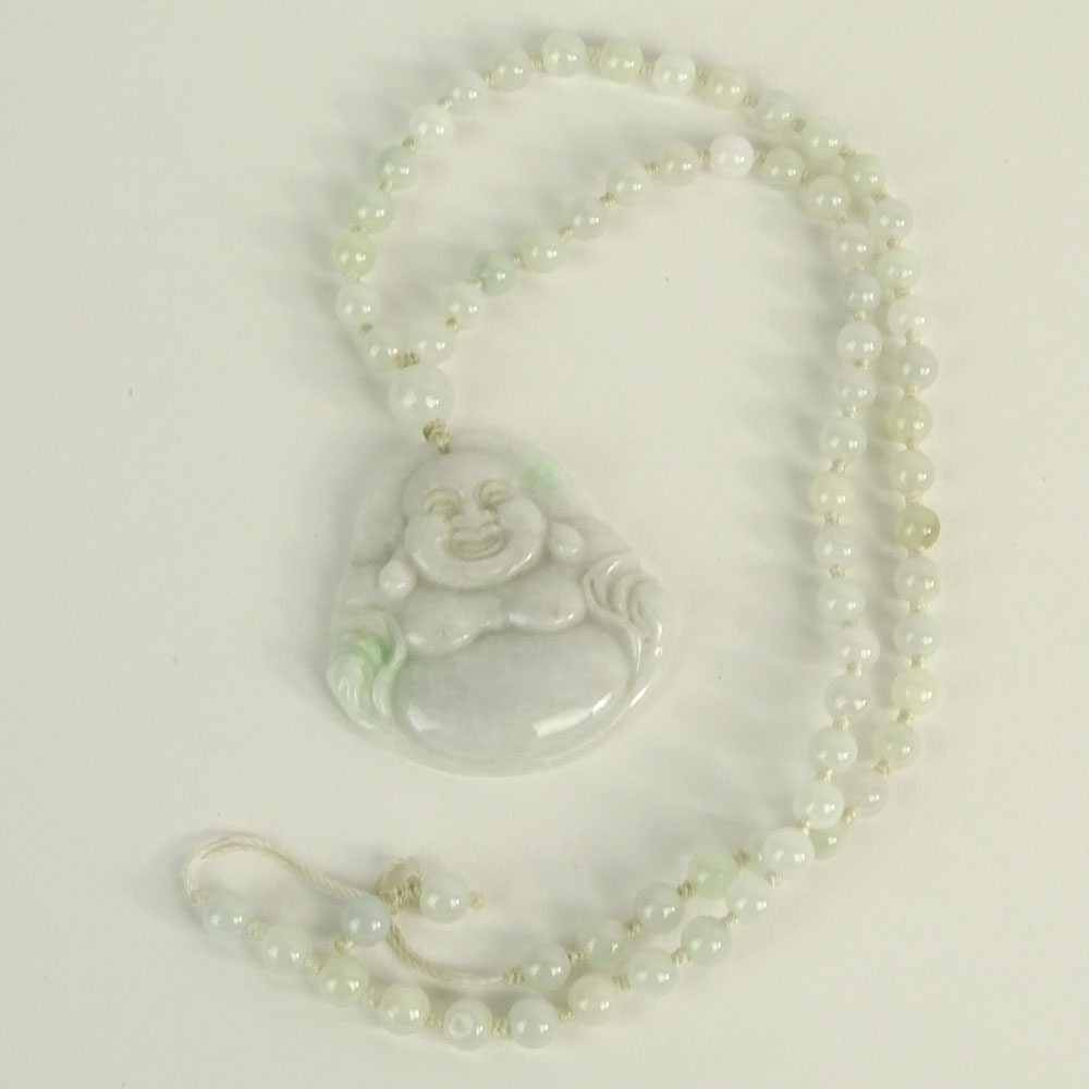 AGL Certified Jadeite Jade Carved Buddha Pendant on Beaded Necklace.