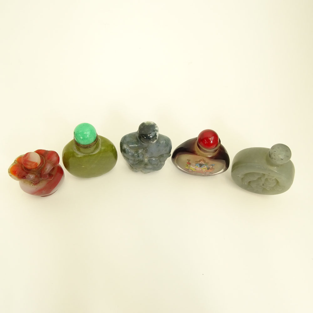 Collection of 5 Snuff Bottles Includes hardstone and reverse painting on glass.