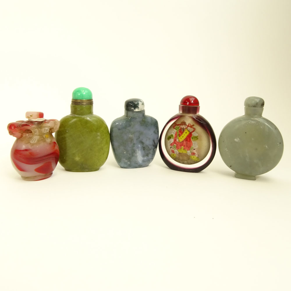 Collection of 5 Snuff Bottles Includes hardstone and reverse painting on glass.