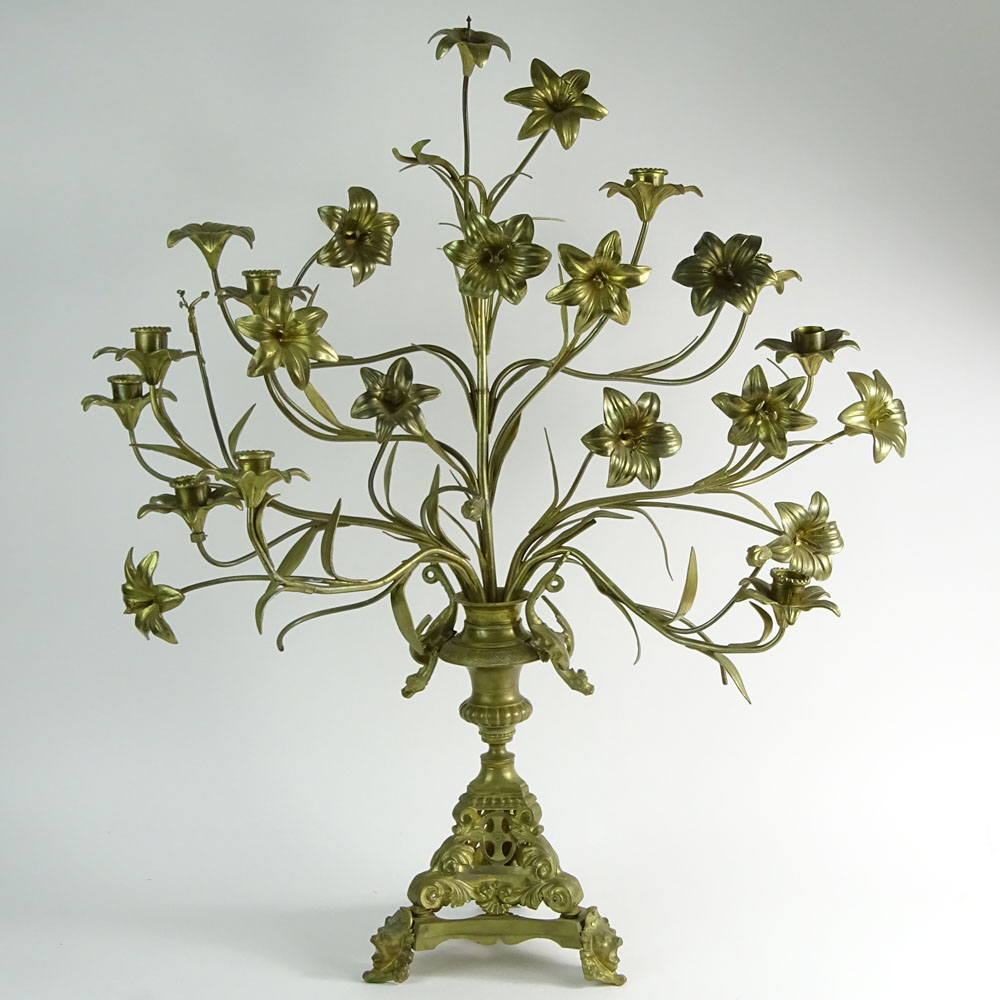 Large Single Gilt Bronze Floral and Figural Candelabra. Good Decorative Lights.
