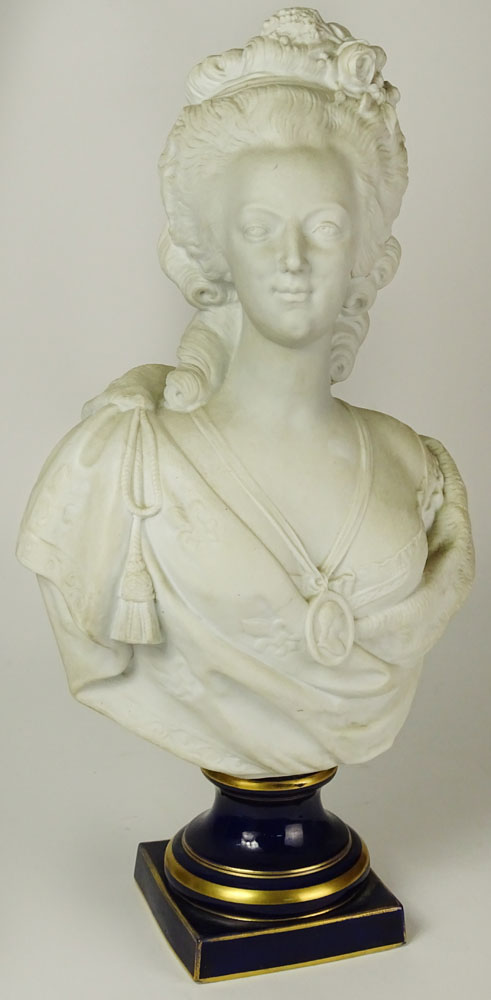 after: Felix Lecomte, French (1737-1817) Bisque Bust on Cobalt Porcelain Base "Marie Antoinette".