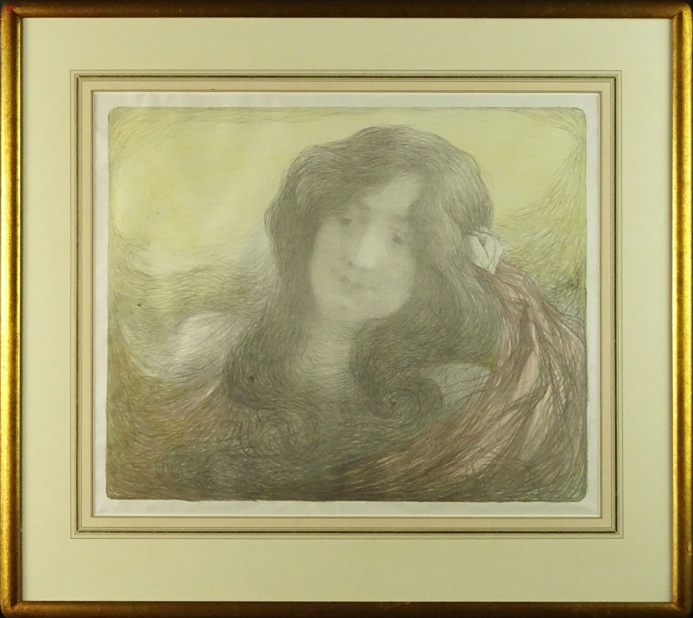 Edmond François Aman-Jean, French (1858-1936) Circa 1900 Color Lithograph, Tete de Femme. 
