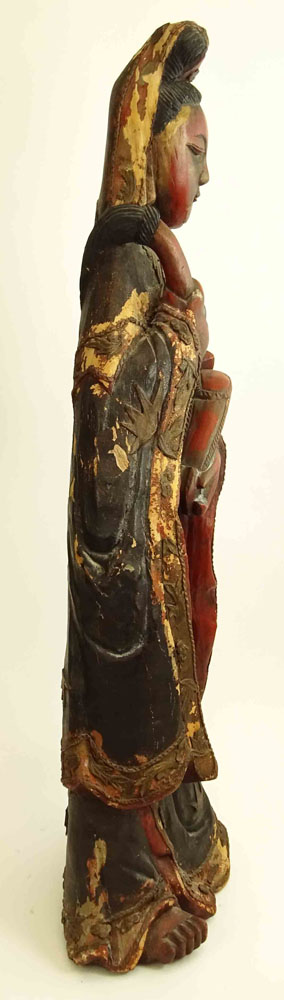 Antique Chinese Carved Wood Polychromed Figure of Guanyin.