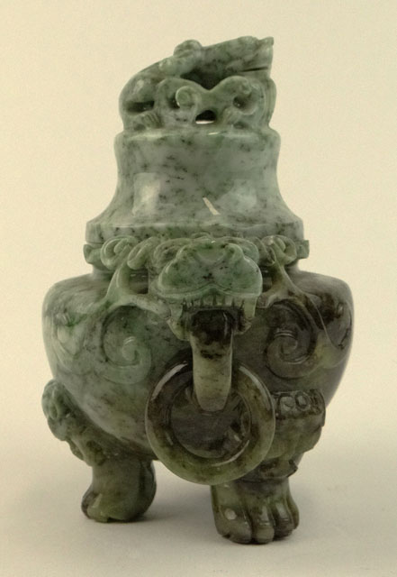 20th Century Chinese Jade Covered Incense Burner with Tripod Feet.