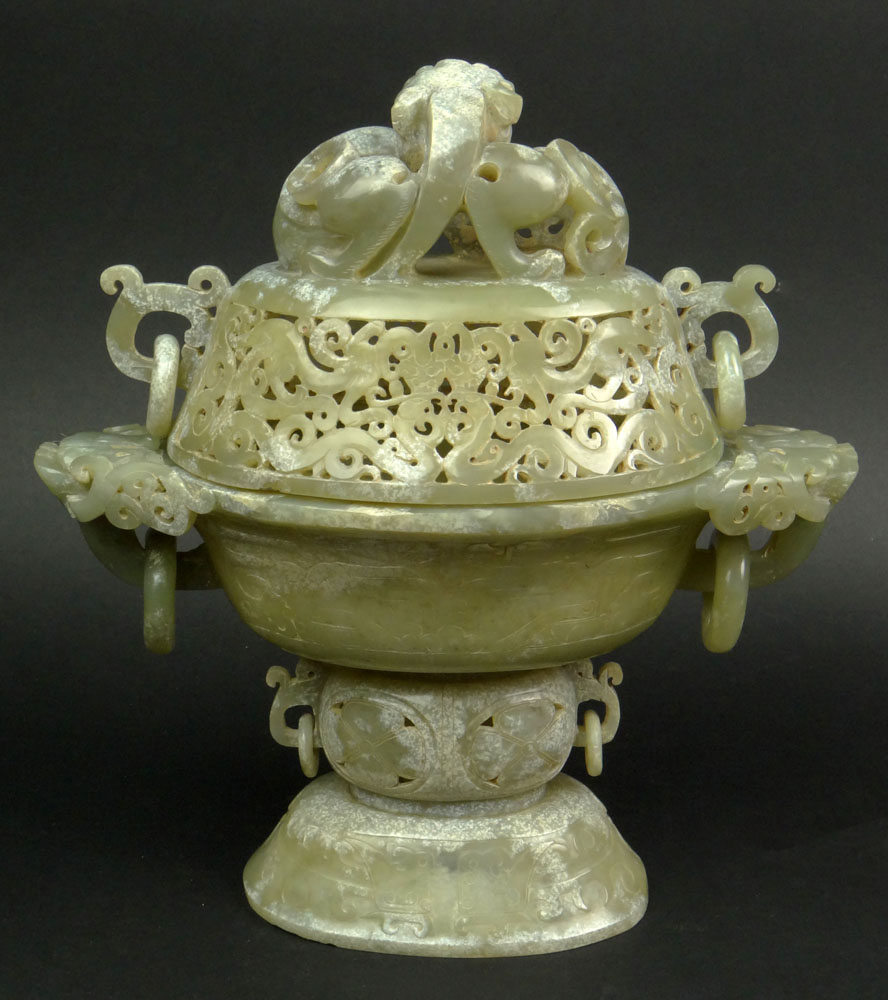 Chinese Carved and Reticulated Mottled Jade Covered Sensor with Chilong Finial and Dragon with Ring Handles.