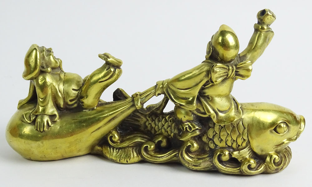 Modern Gilt Bronze Sculpture Two Buddha Riding a Fish. In custom Fitted Box.