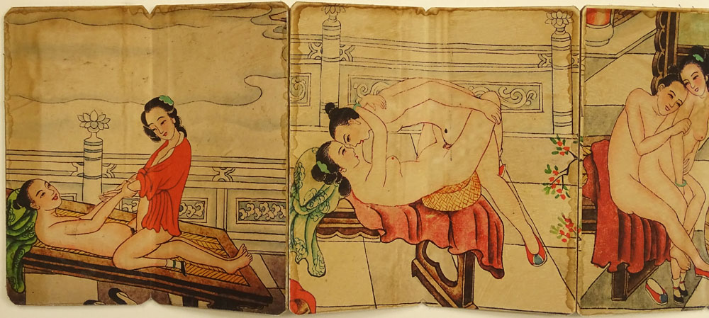 Early 20th Century Japanese Woodblock on Fabric Laid on Heavy Paper Board Shunga Pillow Book.