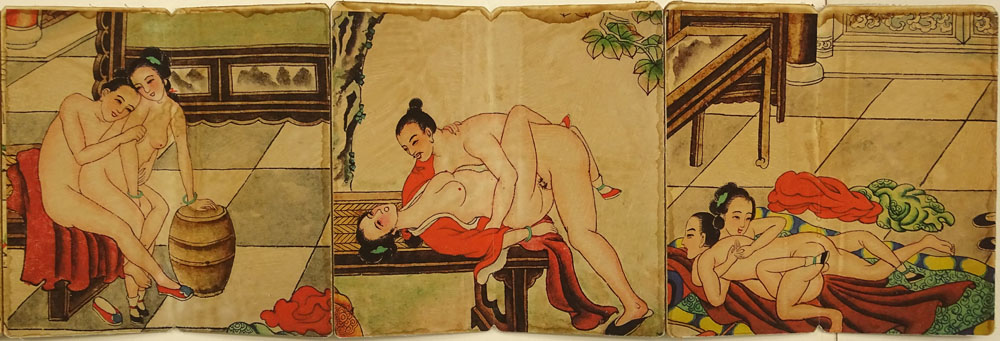 Early 20th Century Japanese Woodblock on Fabric Laid on Heavy Paper Board Shunga Pillow Book.
