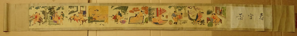 Antique Japanese Erotic Shunga Woodblock on Fabric Laid on Heavy Paper Scroll.
