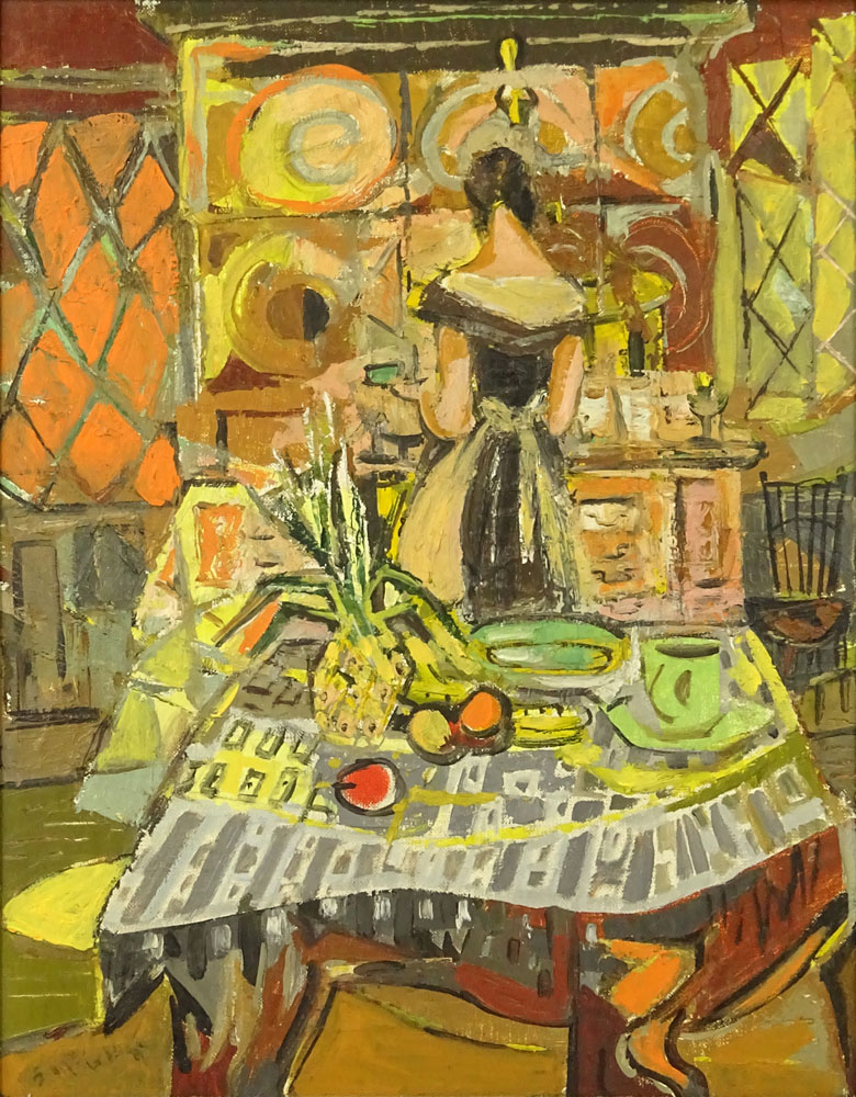 Mid-Century Cubist School Oil on Canvas "Interior" Signed S. McCullough. 