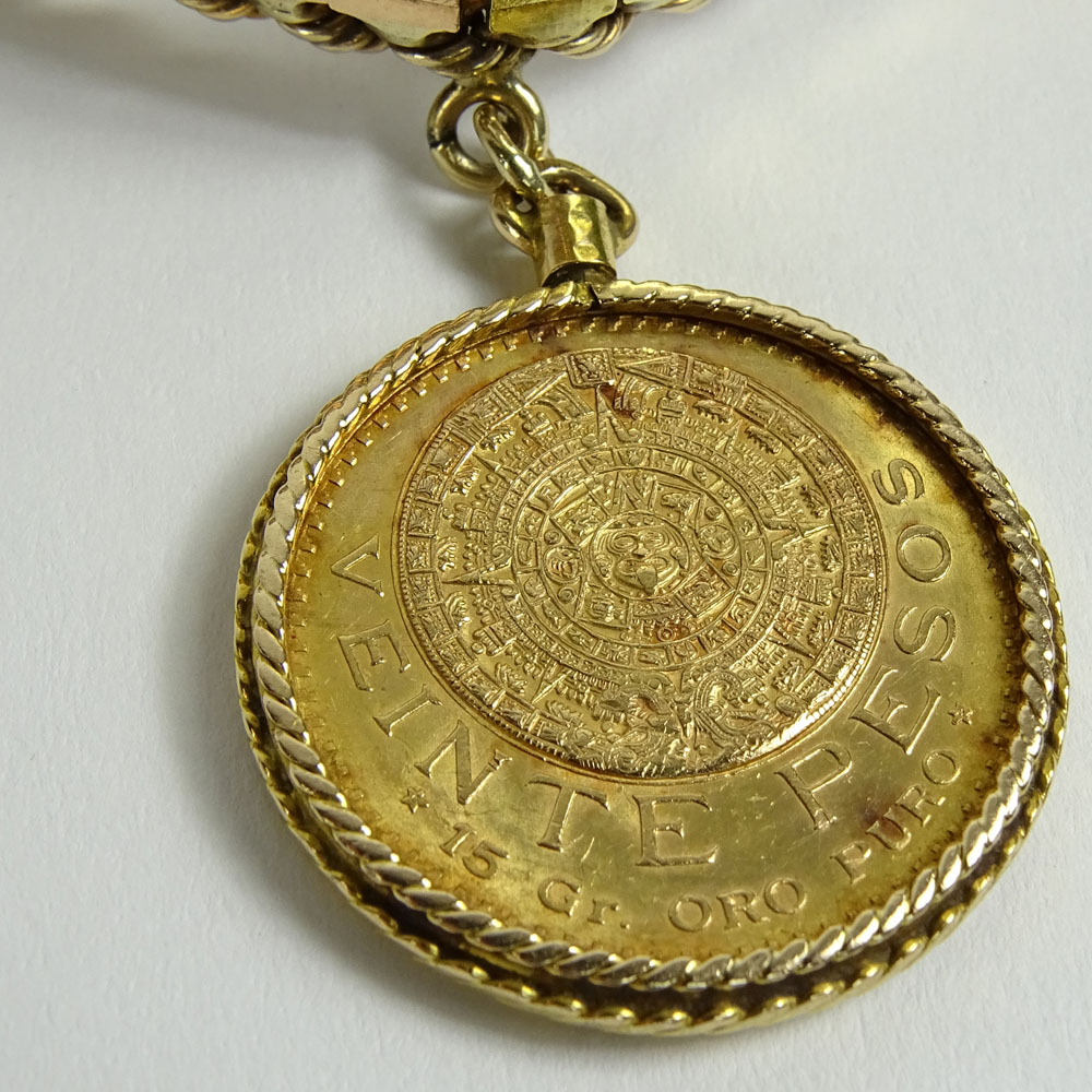 Vintage 14 Karat Tri-color Gold Bracelet with Bezel Set Mexican Veinte Pesos Gold Coin