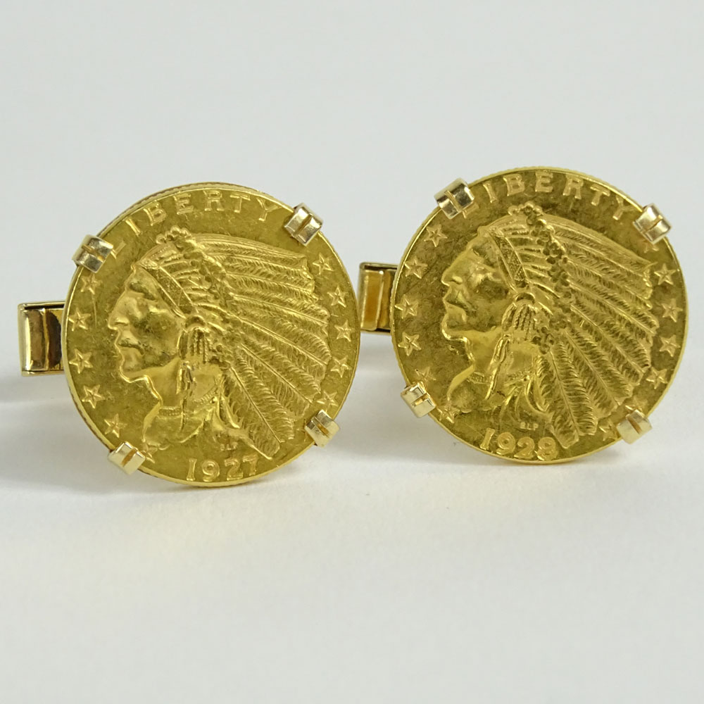 Men's Tiffany & Co 14 Karat Yellow Gold Mounted Indian Head Quarter Eagle Cufflinks.