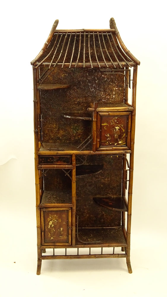 Early 20th Century Japanese Bamboo Etagere, Carved Doors with Ivory Accents and Lacquer Shelves. 