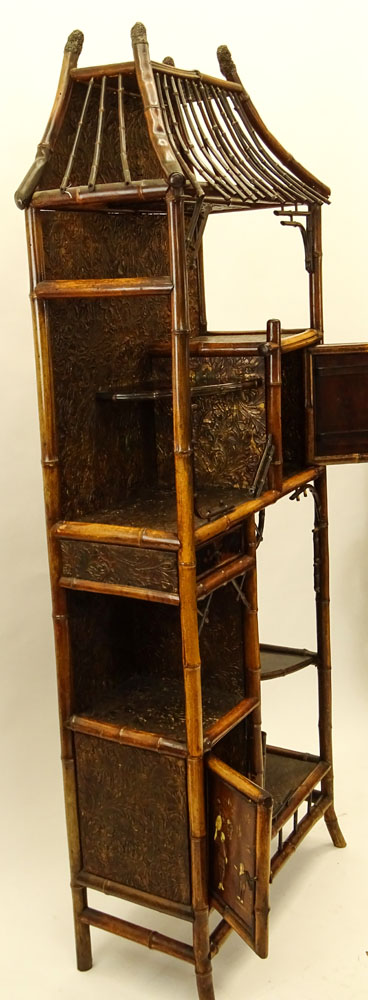 Early 20th Century Japanese Bamboo Etagere, Carved Doors with Ivory Accents and Lacquer Shelves. 