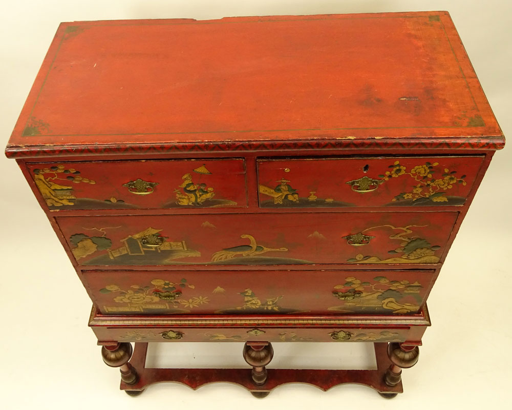 Late 19th Century English William and Mary Style  Lacqured Chest on Stand.