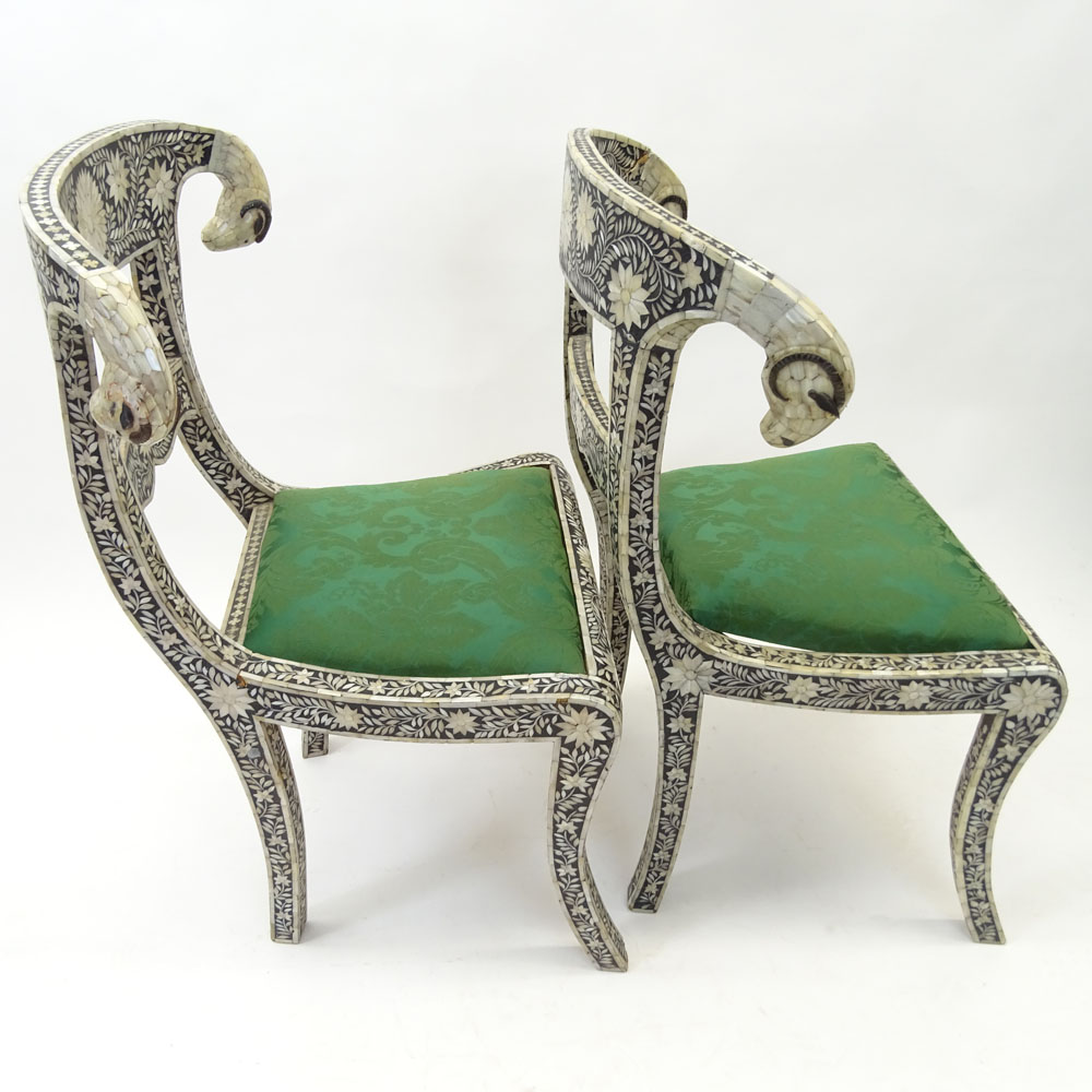 Pair of Vintage Mother Of Pearl and Bone Inlay Ram Head Klismos Design Side Chairs.