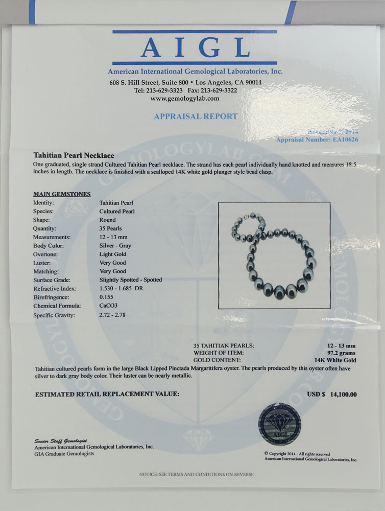 AIGL Certified Tahitian Pearl Necklace.
