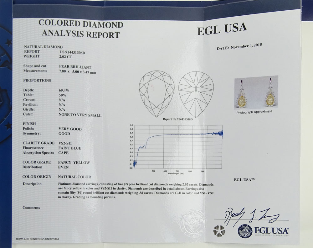EGL Certified 2.02 Carat Pear Brilliant Cut Fancy Yellow Diamond and Platinum Earrings.