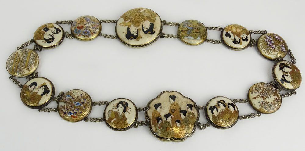 Antique Japanese Satsuma Porcelain Medallion Necklace with 14 Medallions.