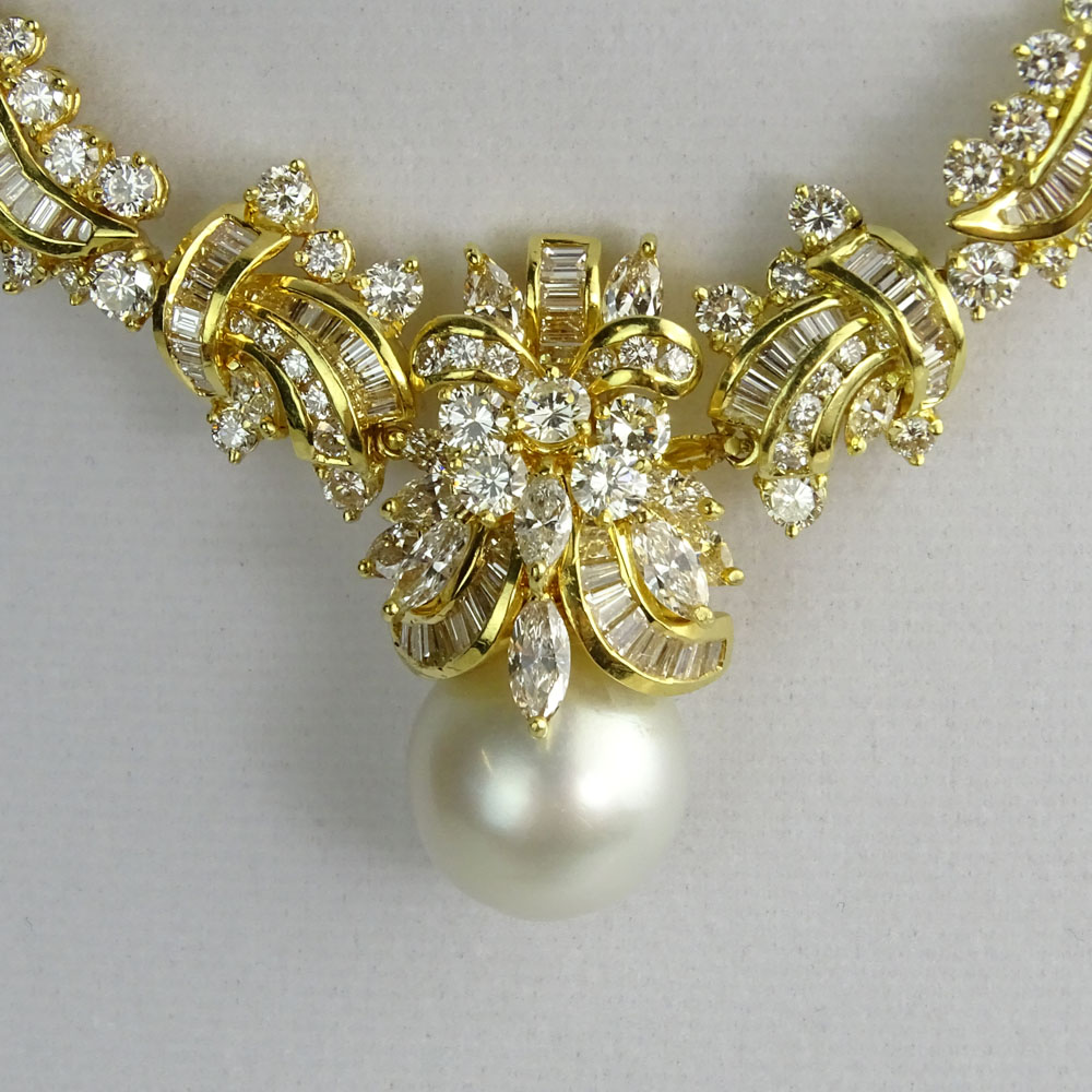 Approx. 17.50 Carat Multi Cut Diamond, 15mm South Sea Pearl and 18 Karat Yellow Gold Necklace. 