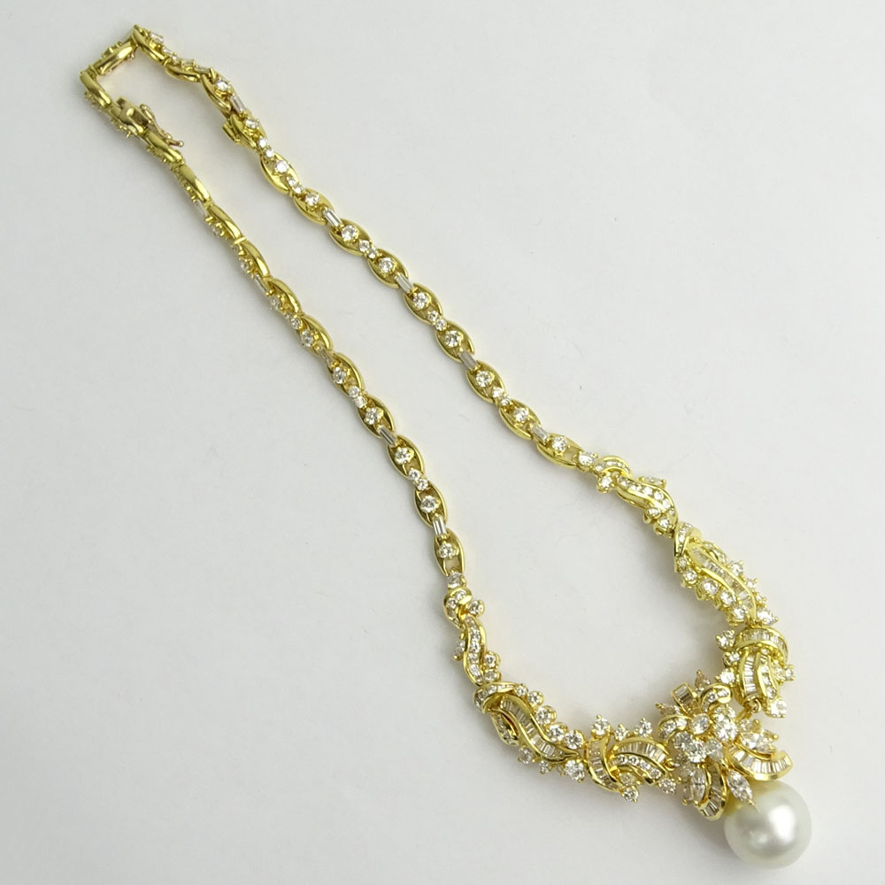 Approx. 17.50 Carat Multi Cut Diamond, 15mm South Sea Pearl and 18 Karat Yellow Gold Necklace. 
