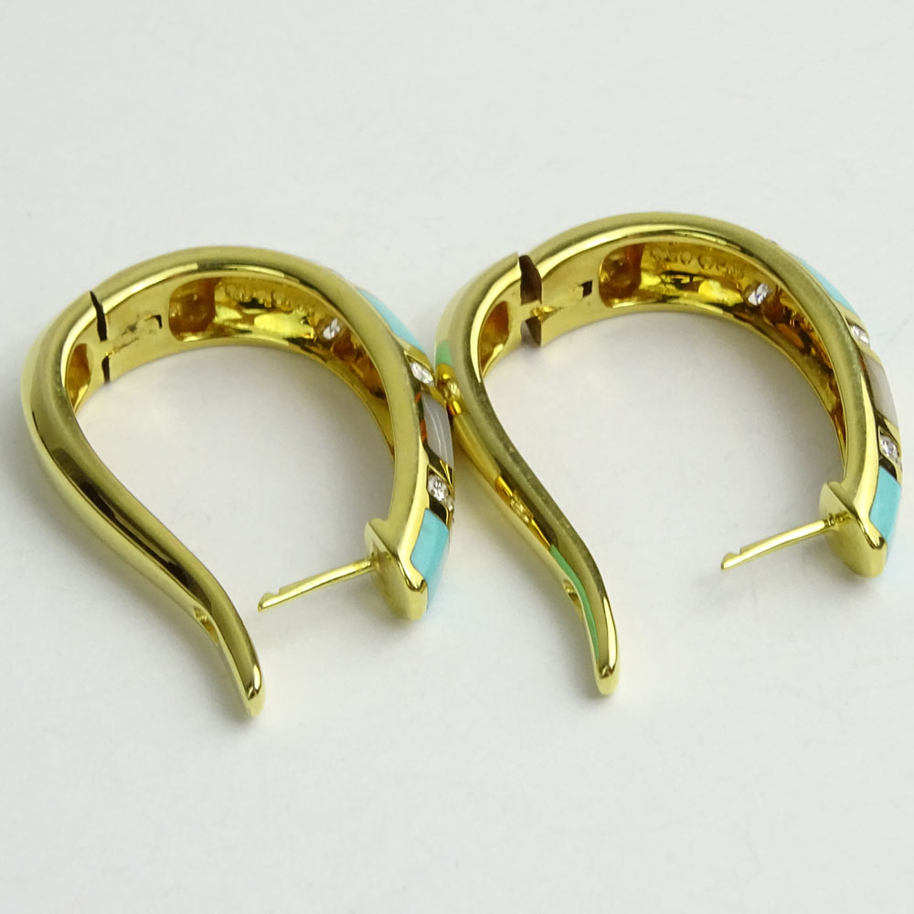 Pair of 14 Karat Yellow Gold, Diamond, Mother of Pearl and Turquoise Hoop Earrings. 