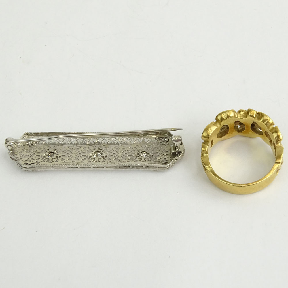 Antique Filigree 14K White Gold and Diamond Bar Pin together with 14 K Yellow Gold and Diamond Ring.