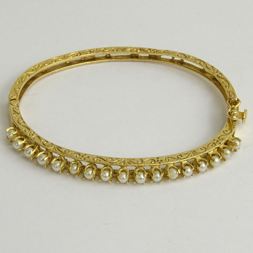 Vintage 14 Karat Yellow Gold and Seed Pearl Bangle Bracelet.