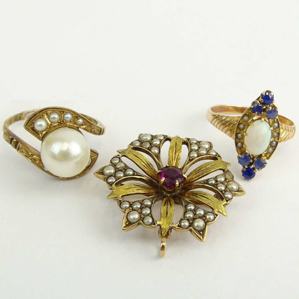 14K Gold and Pearl Ring; 10K Yellow Gold, Sapphire and Opal Ring and 10K Gold, Ruby and Seed Pearl Brooch.