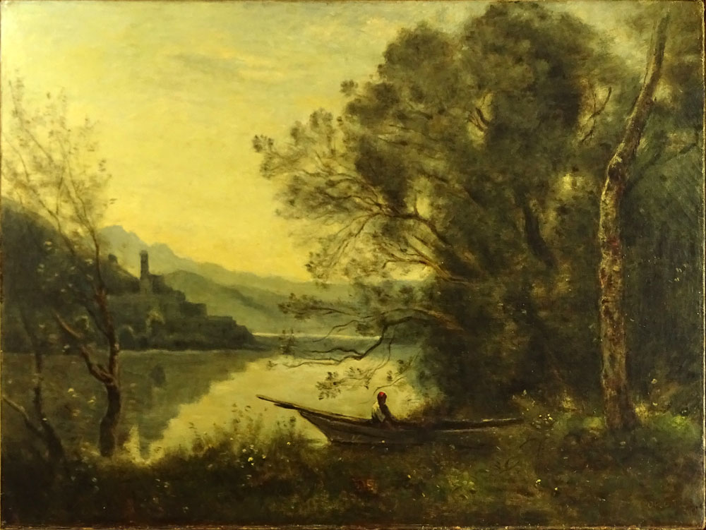 after: Jean-Baptiste-Camille Corot, French (1796-1875) Oil on canvas "Landscape with Small Boat on a River" 
